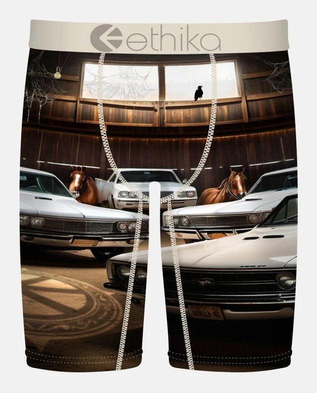 Ethika Bright Barn Staple Men's Boxers showing muscle cars and horses in a barn