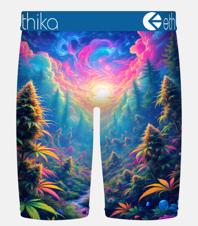 Ethika Indica Dreams Mens Staple Boxers in multi colour from rear showing marijuana plants 