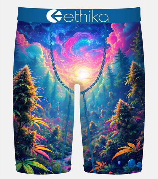 Ethika Indica Dreams Mens Staple Boxers in multi colour from front showing marijuana plants