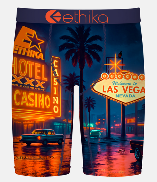 Ethika Vegas Staple Mens Boxers in multi colour showing Las Vegas scene from front