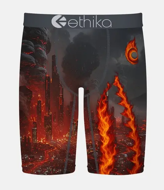 Ethika Boys Bomber Molten Metropolis Staple Boxers with city scape on fire from front