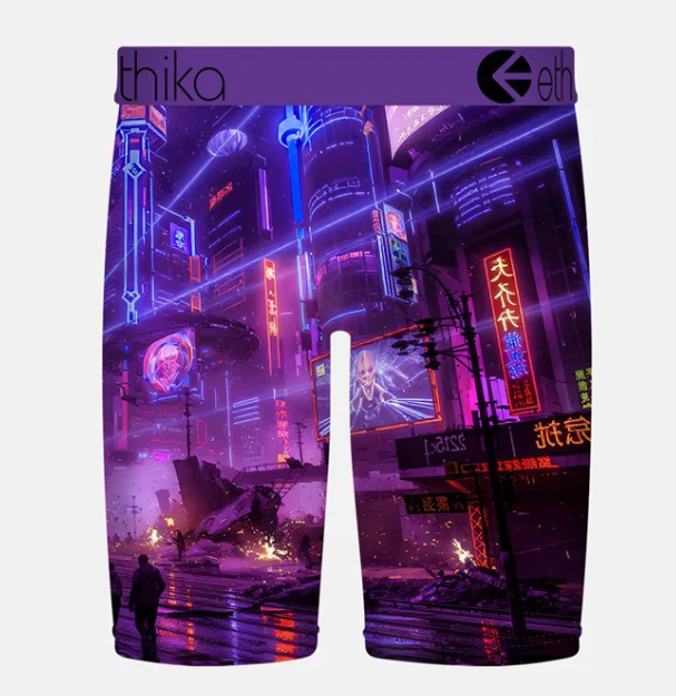 Ethika Boys Neon Exodus Staple Boxers in purple with ufo in a cityscape from rear