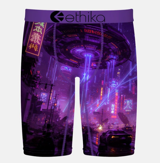 Ethika Boys Neon Exodus Staple Boxers in purple with ufo in a cityscape from front