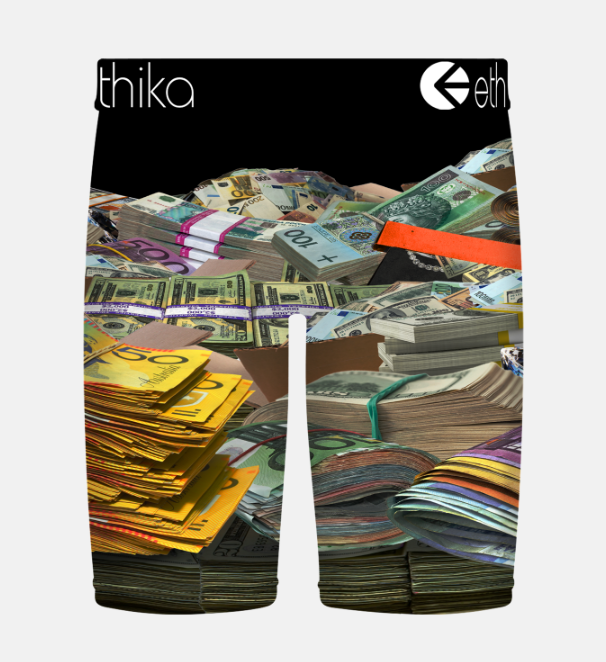 Ethika Racks On Racks Staple Boys Boxers in black with money imagery from rear