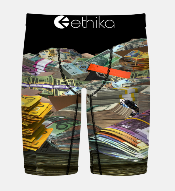 Ethika Racks On Racks Staple Boys Boxers in black with money imagery from front
