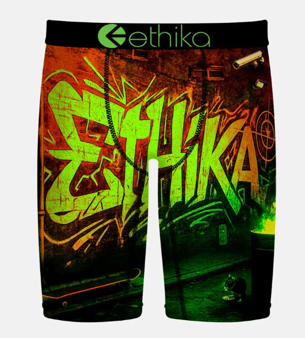Ethika The Wall Boys Staple Boxers showing graffiti image from the front