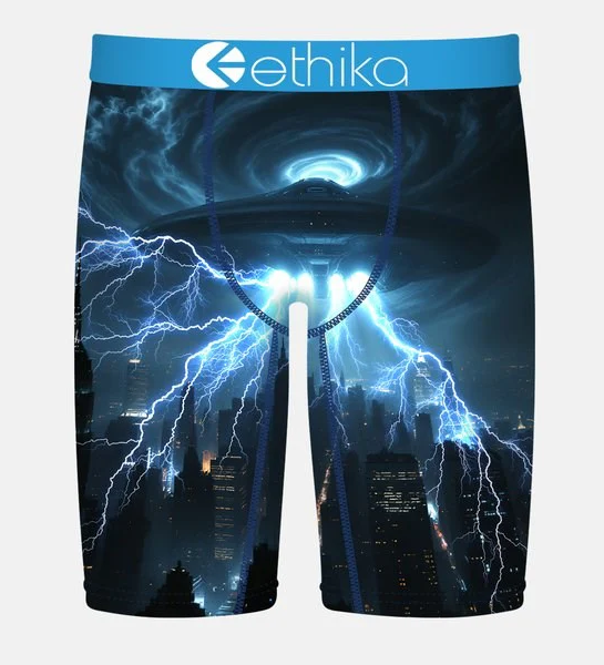 Ethika Too Late Staple Boys Boxers in blue and black with ufo from front
