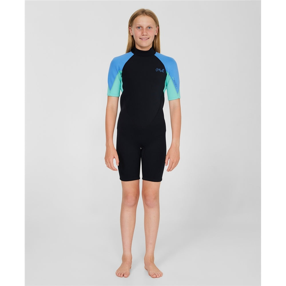 O'Neill Girls Reactor II 2mm Spring Wetsuit in black, blue and aqua on model from front