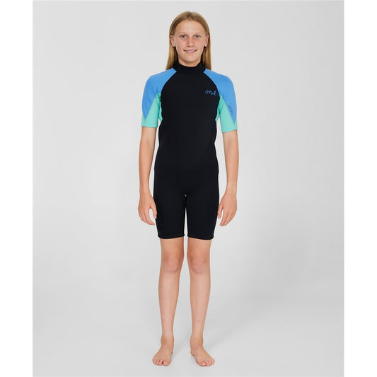 O'Neill Girls Reactor II 2mm Spring Wetsuit in black, blue and aqua on model from front