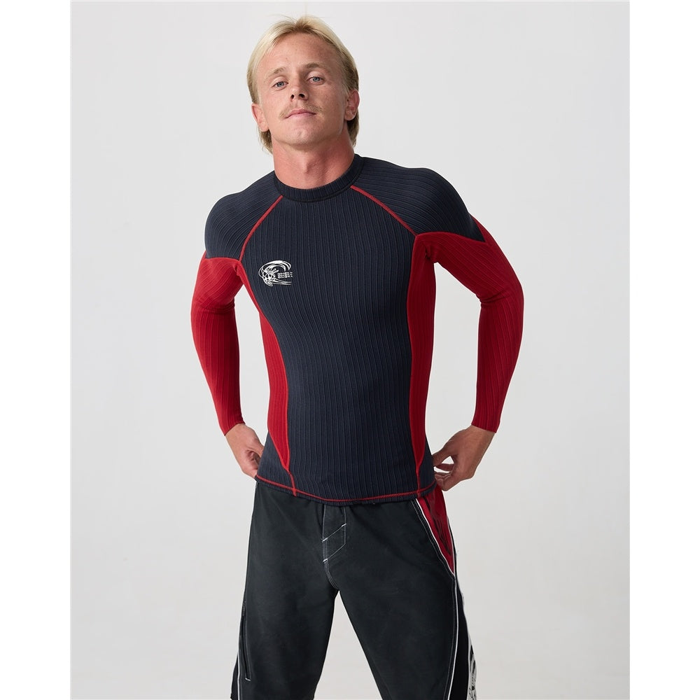 O'Neill HyperX Y2K 1.5mm Long Sleeve Men's Wetsuit Vest in black and red on model from the front close up