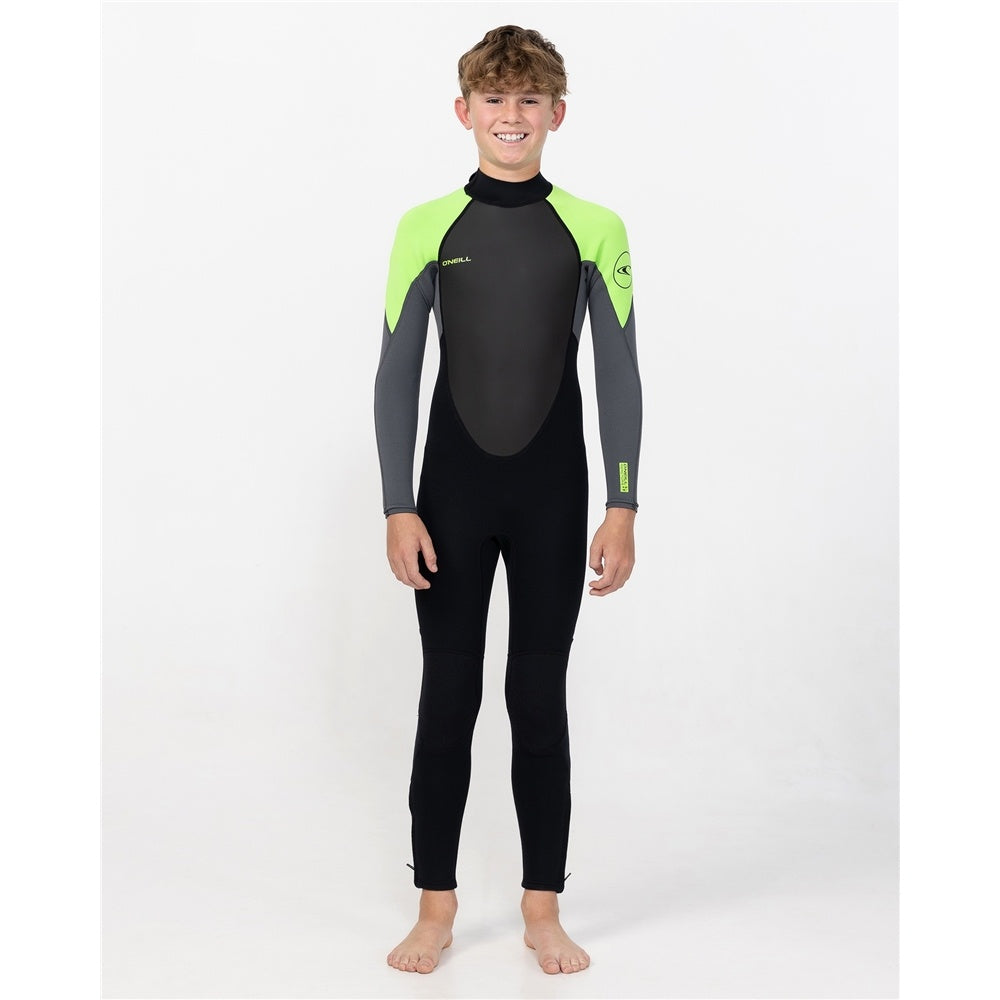 O'Neill Youth Reactor 3/2mm Back Zip Wetsuit in black, charcoal and lime colourway