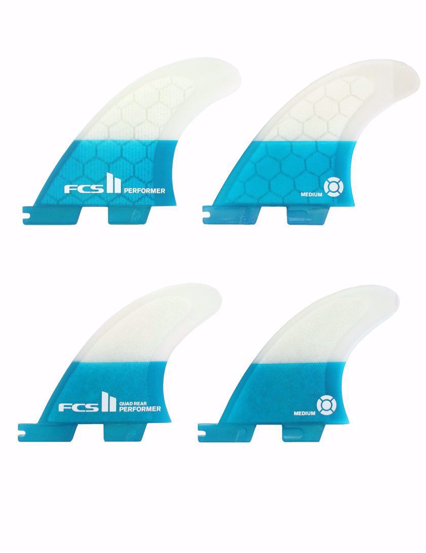 FCS II PERFORMER PC surfboard QUAD FIN SET blue and white