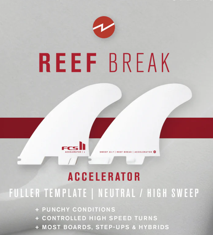 FCS II Accelerator PC Surfboard Tri Fins - Medium new white edition info sheet