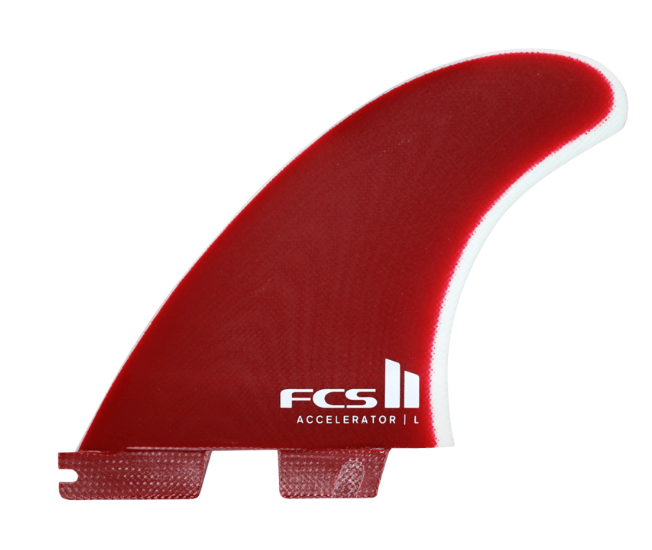 FCS II Accelerator PG Surfboard Tri Fins in rust red showing outside of the side fin