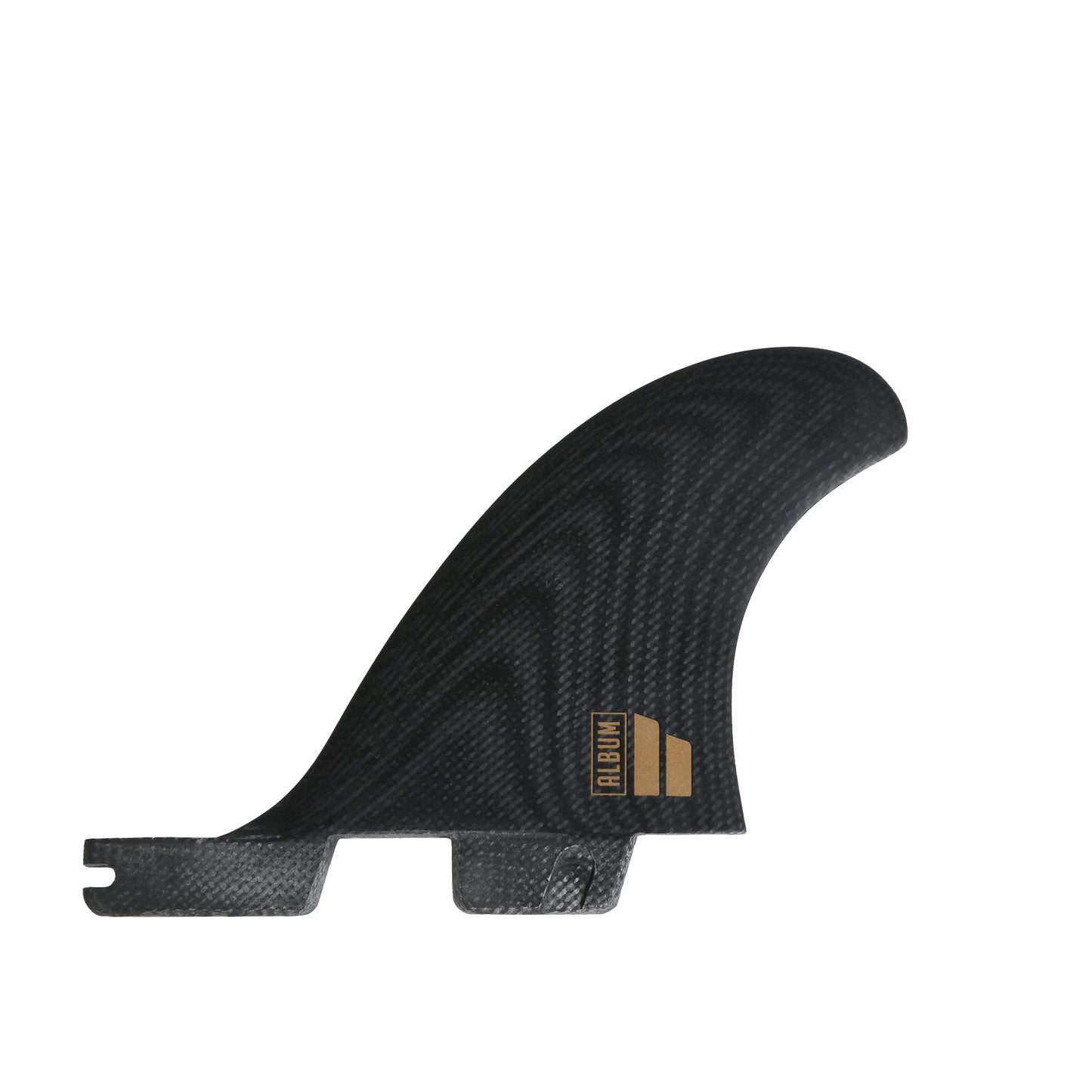 FCS II Album Twin + 1 PG Surfboard Fins - M/L showing rear fin in black and gold