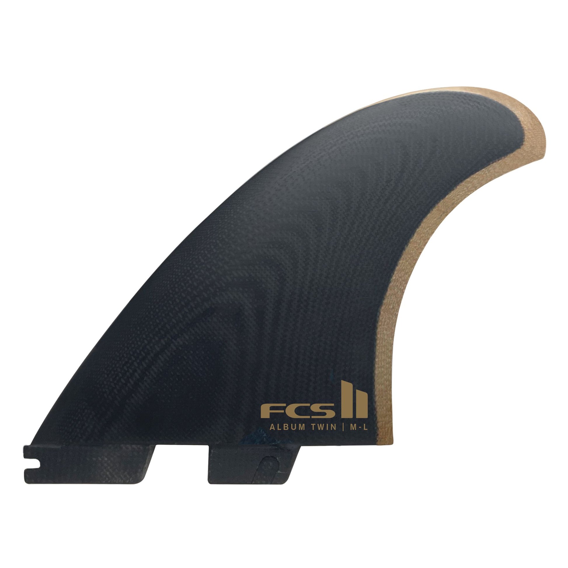 FCS II Album Twin + 1 PG Surfboard Fins - M/L showing a front/side fin in black and gold