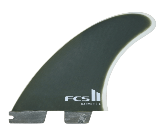 FCS II Carver PG Surfboard Tri Fins (all sizes) in kelp colourway showing left front fin from outside