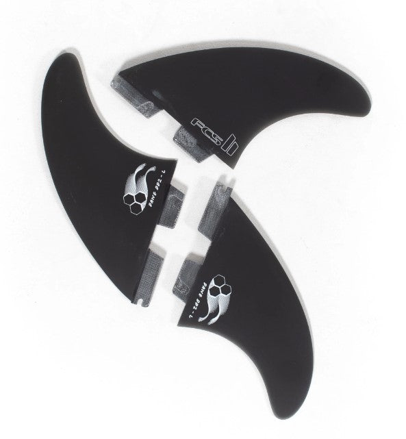 FCS II CI x Dane Reynolds DD2 PG Surfboard Fins in black showing thruster set