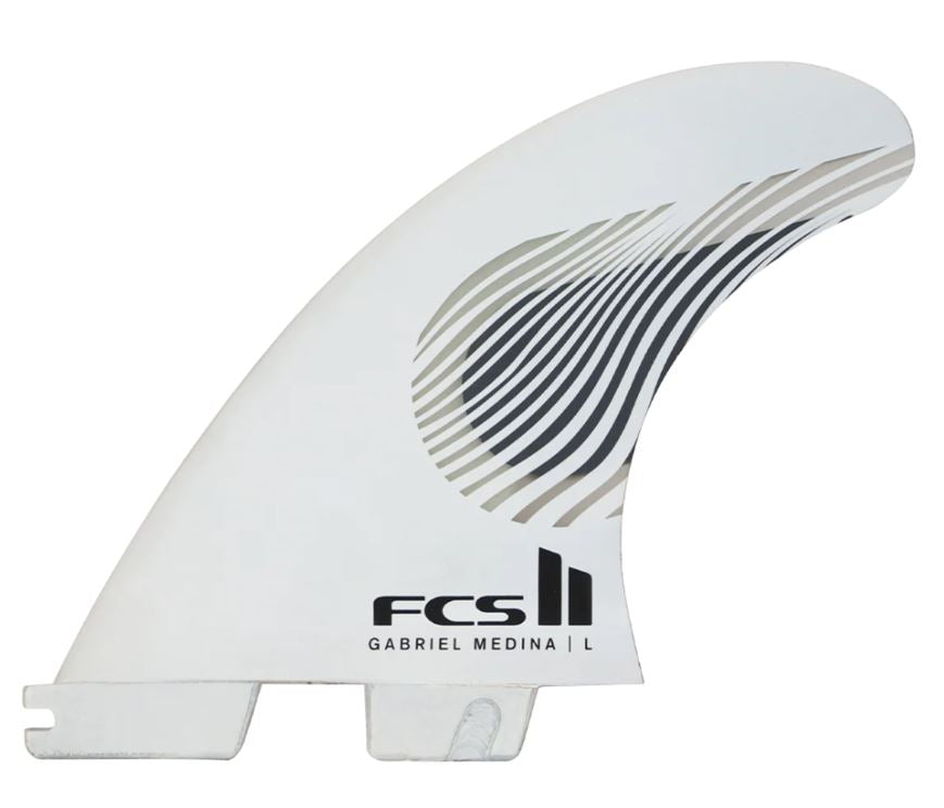 FCS II Gabriel Medina PC Tri Fin Set  showing left front fin in white with black detail