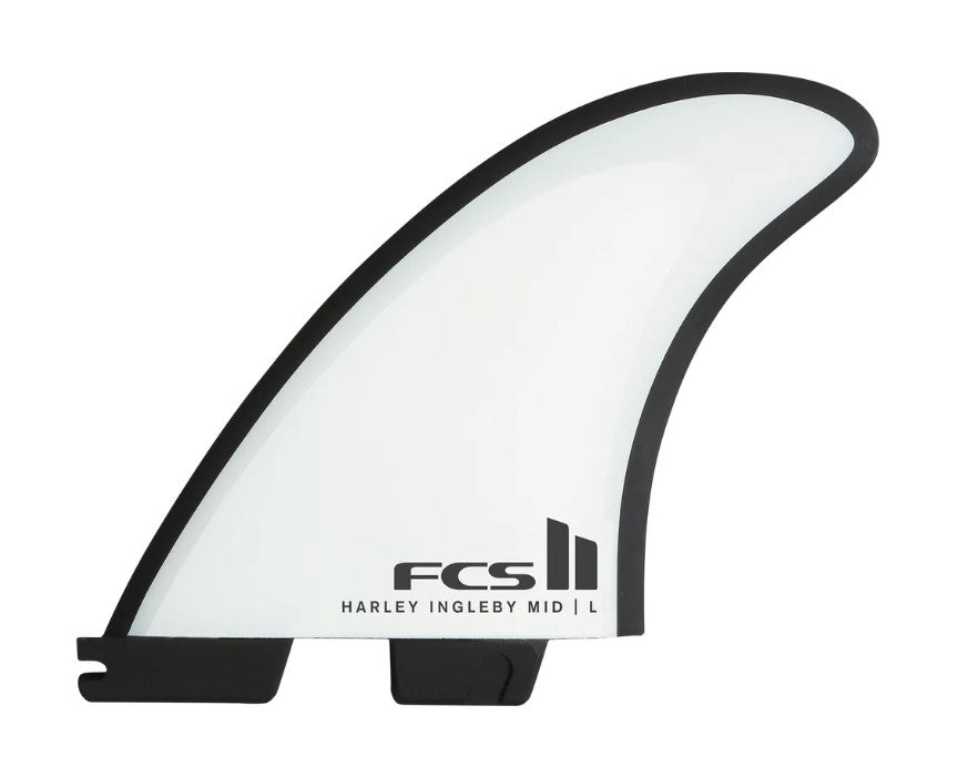 FCS II Harley Mid Tri-Quad PC Surfboard Fin Set showing one fin in white and black