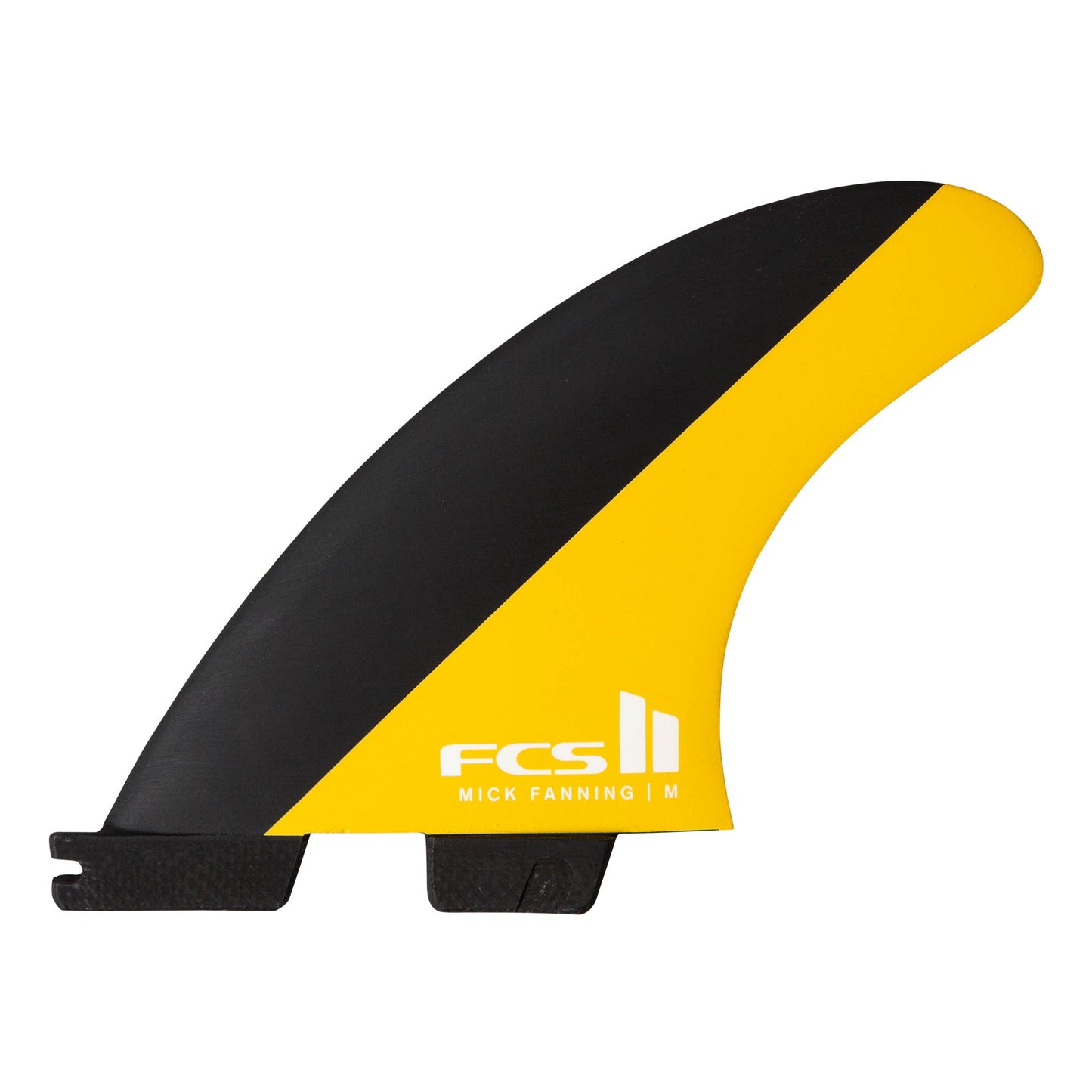 FCS II MF PC Large Tri Surfboard Fin Set showing 1 front/side fin in black and mango