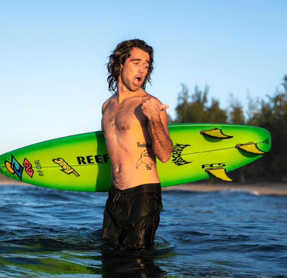 FCS II MH Mason Ho PC Aircore Surfboard Fins in yellow and black in Mason's green Lost surfboard