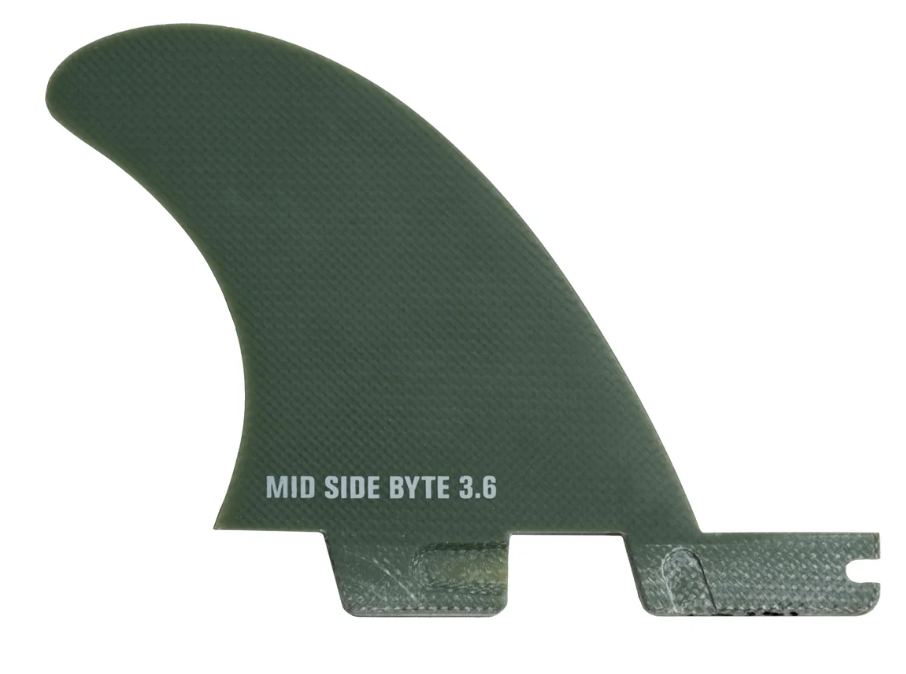 FCS II Mid PG 3.6" Side Byte Fins in natural and alpine colourway from the left inside showing green foil
