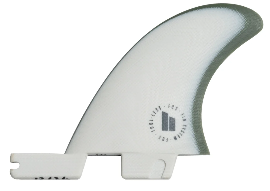 FCS II Mid PG 3.6" Side Byte Fins in natural and alpine colourway from the left outside