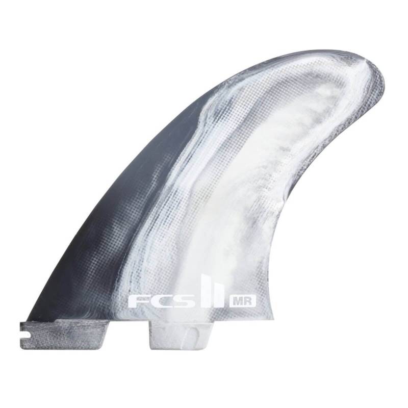 FCS II MR PC XL TRI FIN SET showing 1 front/side fin in black and white swirl