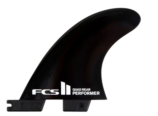 FCS II Performer Black GF Medium Quad Rear Surfboard Fins in black showing one fin from the side