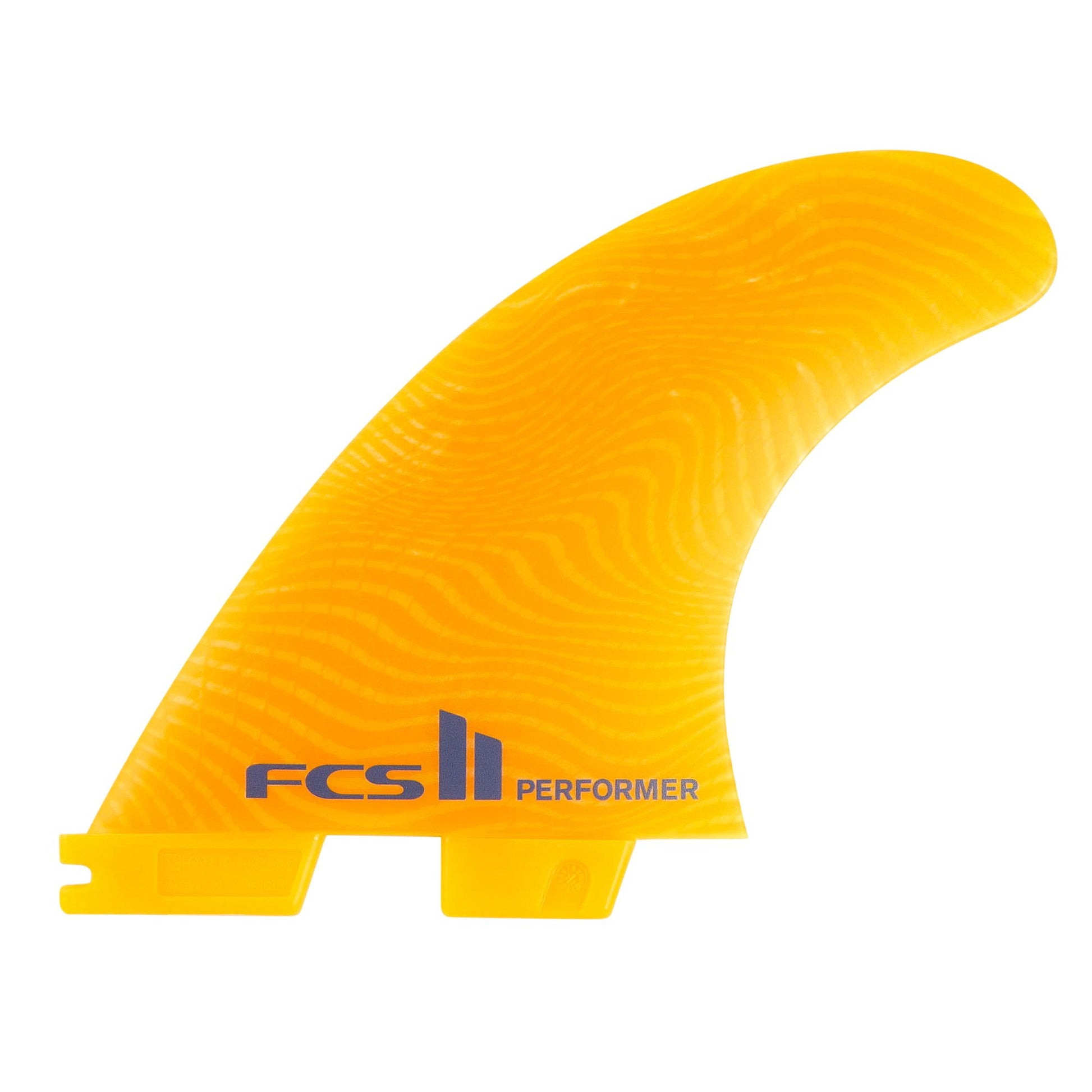 FCS II Performer Neoglass Large Tri Fin Set in mango showing one side fin