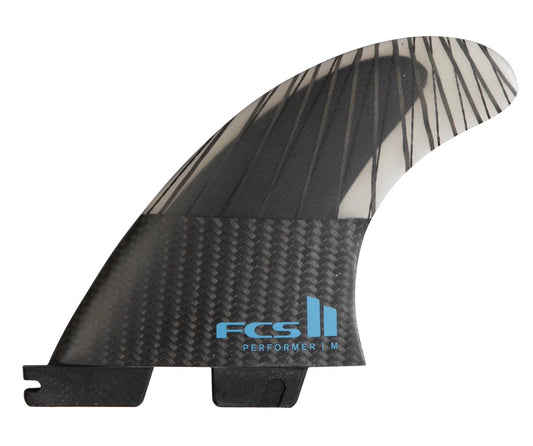 FCS II Performer PC Carbon Large Tri Fin Set in black, clear and tranquil blue