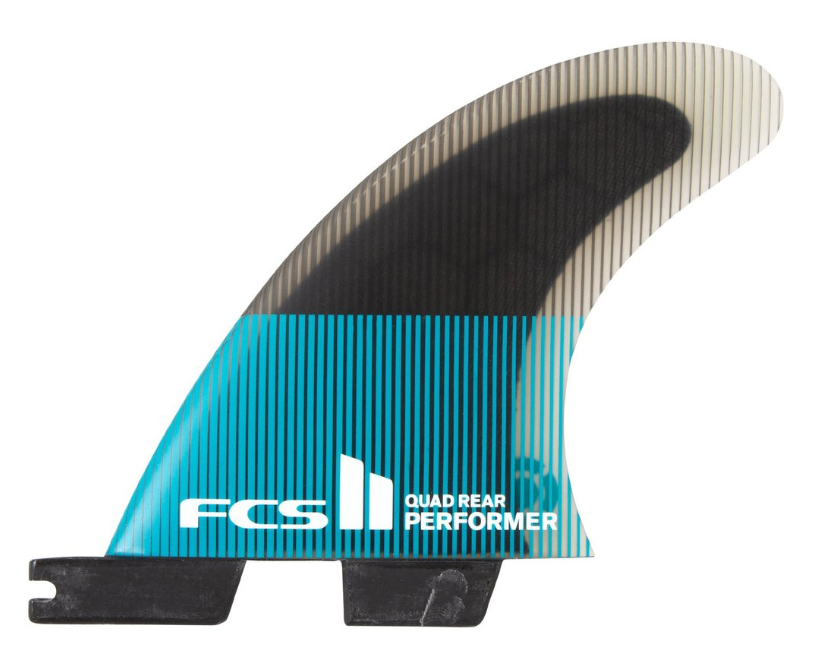 FCS II Performer PC Medium Quad Rear Surfboard Fins in tranquil blue colourway with black and clear