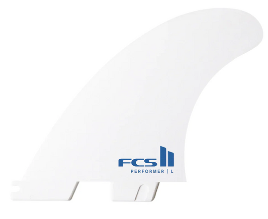 FCS II Performer PC Surfboard Tri Fin Set - Large white edition showing front side fin
