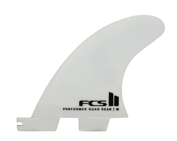 FCS II Performer PG Quad Rear Surfboard Fins in white showing one fin from the outside
