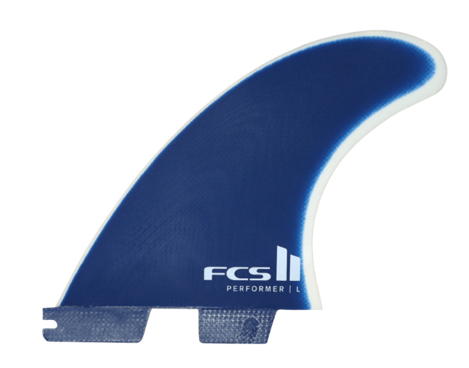 FCS II Performer PG Surfboard Tri Fin Set (all sizes) in cali blue colourway showing outside large fin