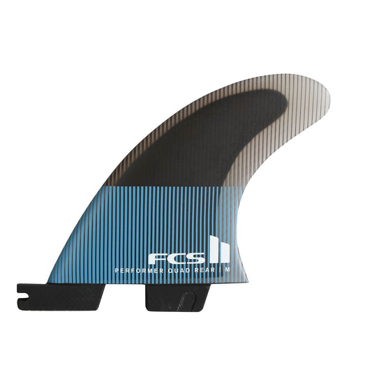 FCS II Performer PC Quad Rear Surfboard Fins - large in tranquil blue showing one fin from outside