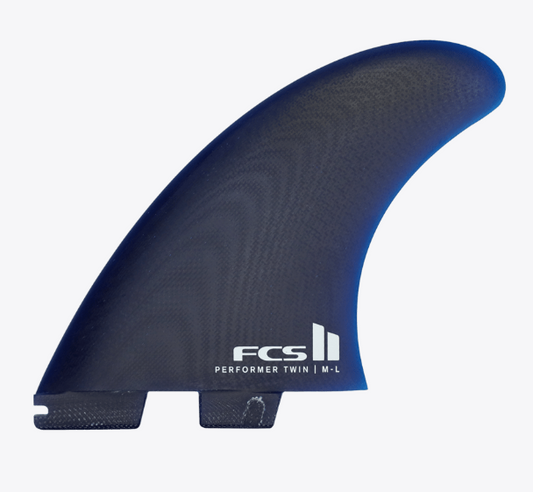 FCS II Performer PG Twin + 1 Fin Set in cali blue colourway showing the left fin from the outside