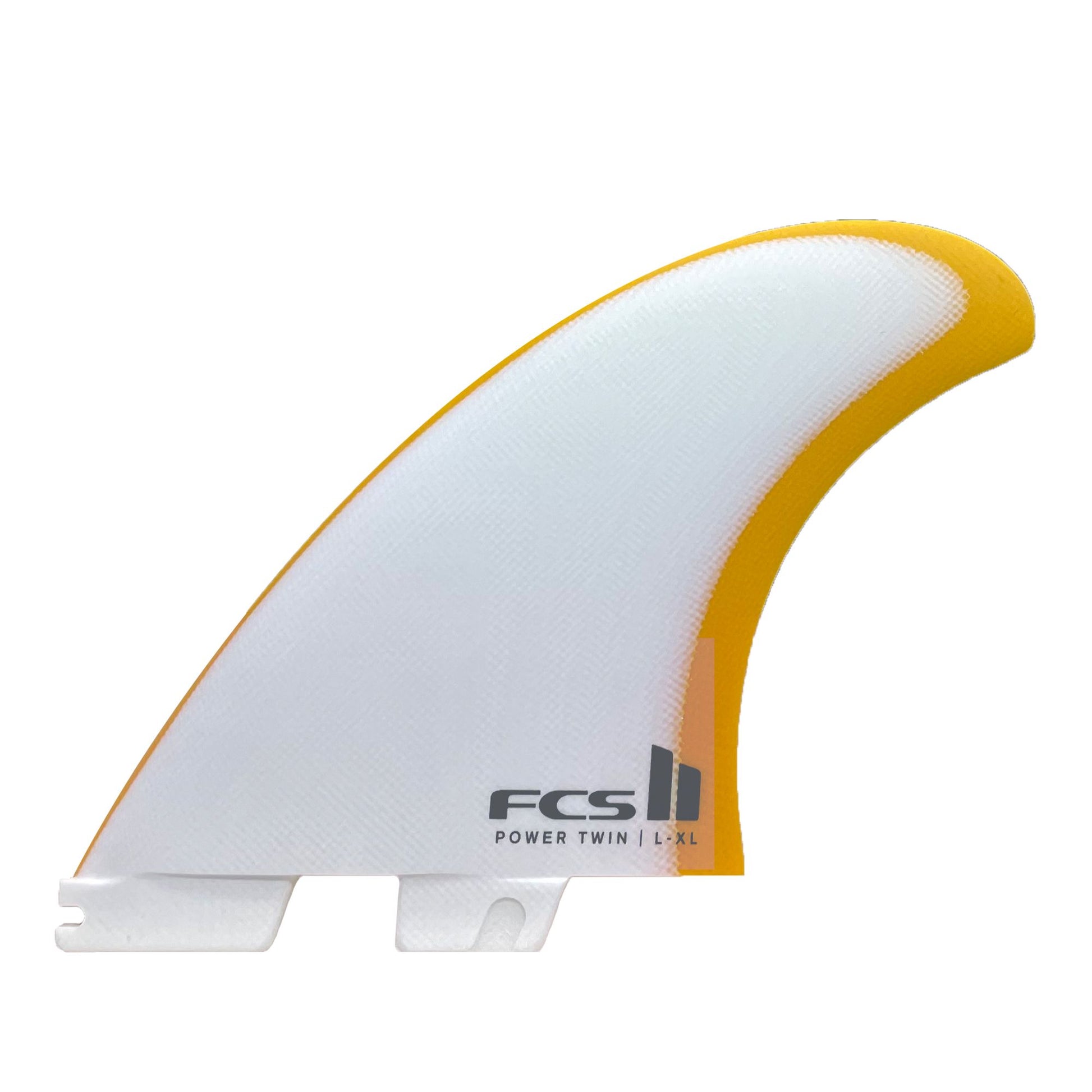 FCS II Power Twin PG Surfboard Fins - L/XL from outside in white/mango colourway