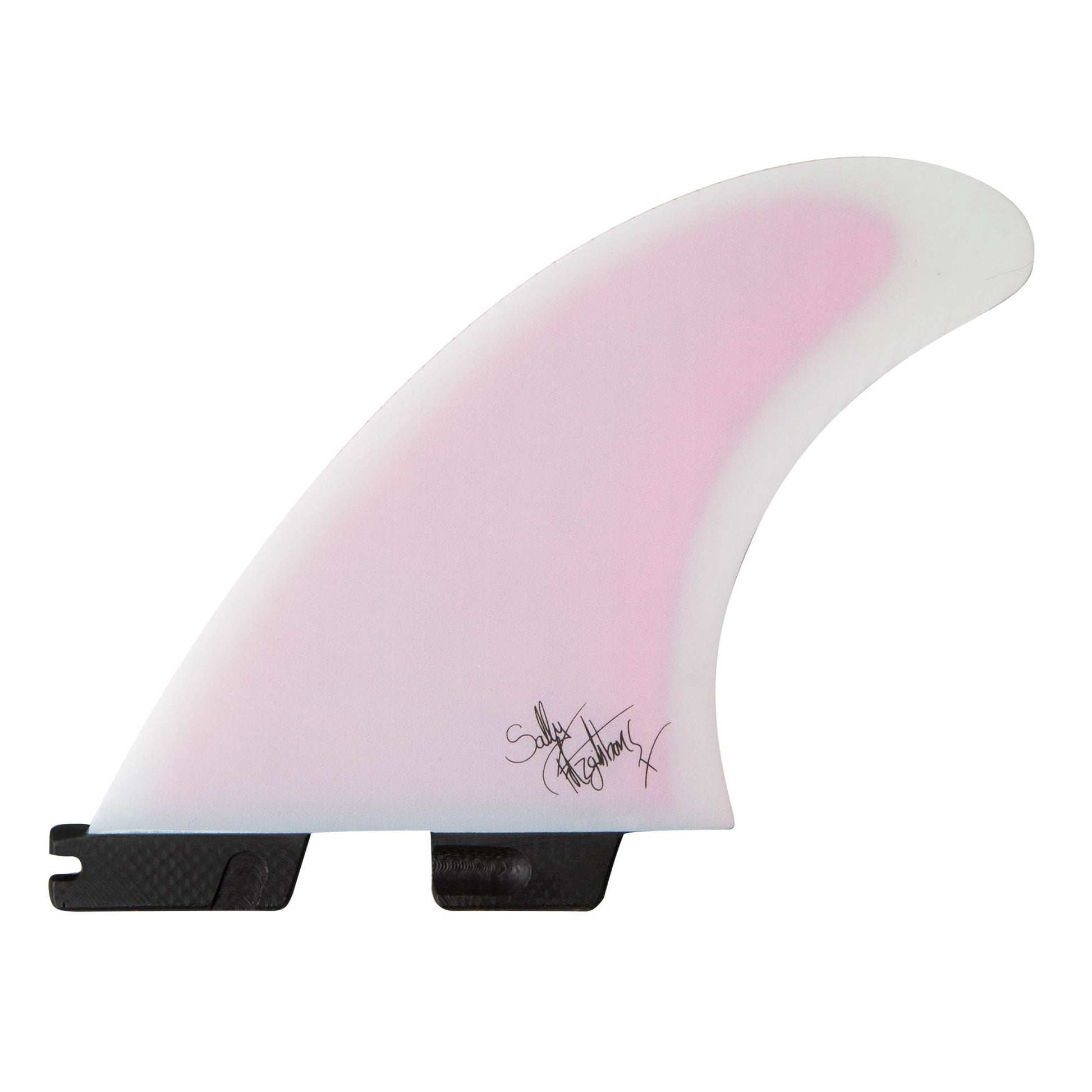 FCS II Sally Fitz PC Tri Surfboard Fin Set - Medium in dusty pink from inside with signature