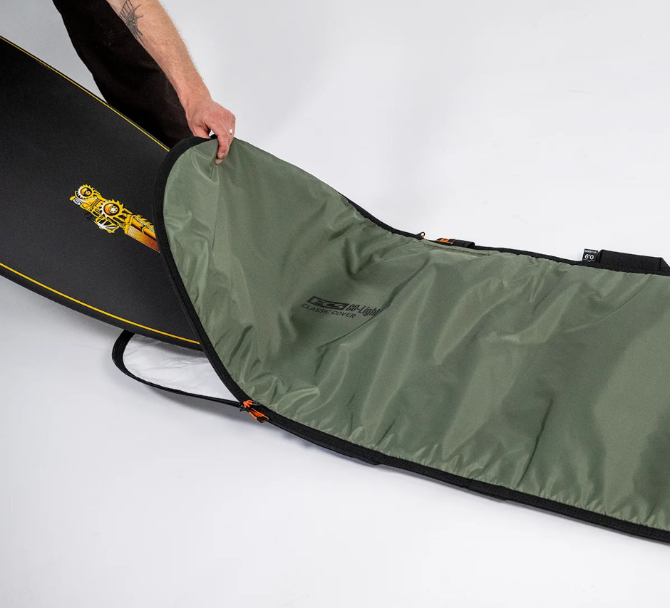 FCS 9'2 Classic Longboard Day Bag in alpine colourway showing top of bag with board going into the open zip area