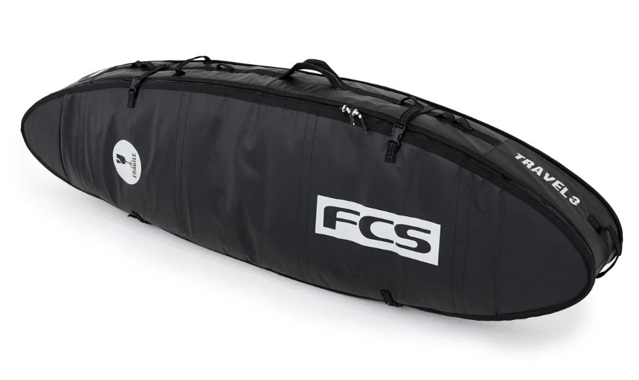 FCS Travel 3 6'3 All Purpose Triple Boardbag in black with grey showing top of bag