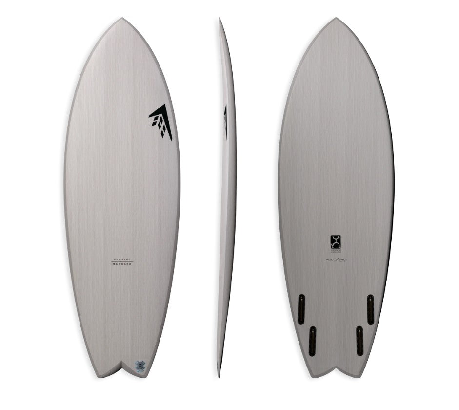 Firewire 5'6 Machado Seaside Volcanic Surfboard in repreve construction showing deck, side and bottom of board
