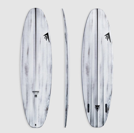 Firewire 6'6 Tomo Revo Max Volcanic Surfboard showing top, side and bottom views