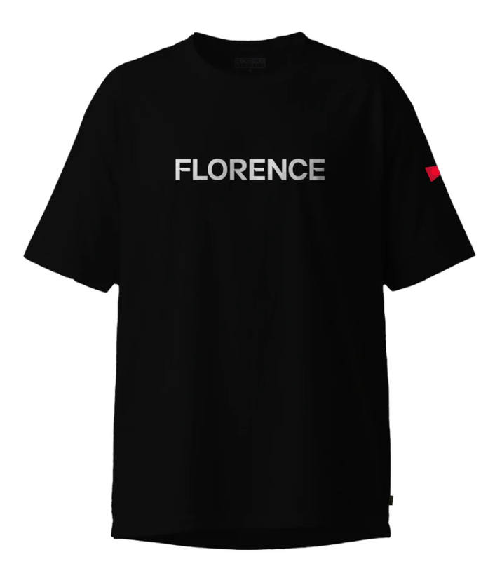 Florence Marine X Florence T-Shirt in black with white branded chest print and red flag on left arm