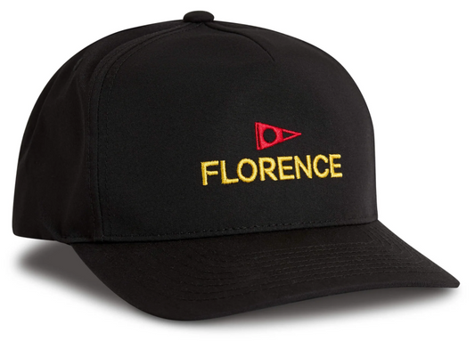 Florence Marine X Logo Twill Cap in black with gold and red Florence logo embroidery