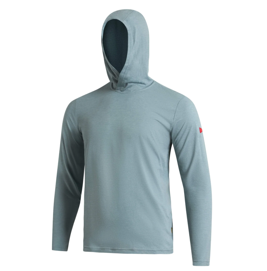 Florence Marine X Airtex Long Sleeve Hooded Shirt in heather light sea blue from the front