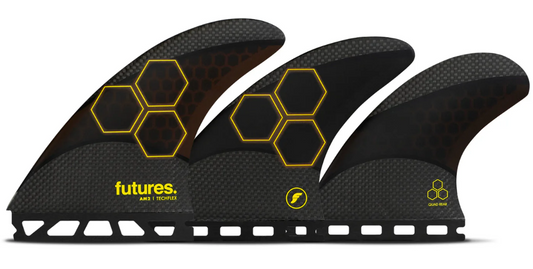Futures Fins AM2 5 Fin Techflex Large Surfboard Fins in black with gold detailing