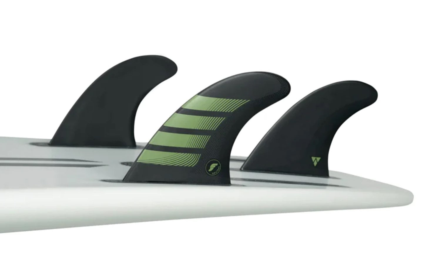 Futures Alpha Carbon F8 Large Thruster surfboard Fin Set in black with olive colour in surfboard