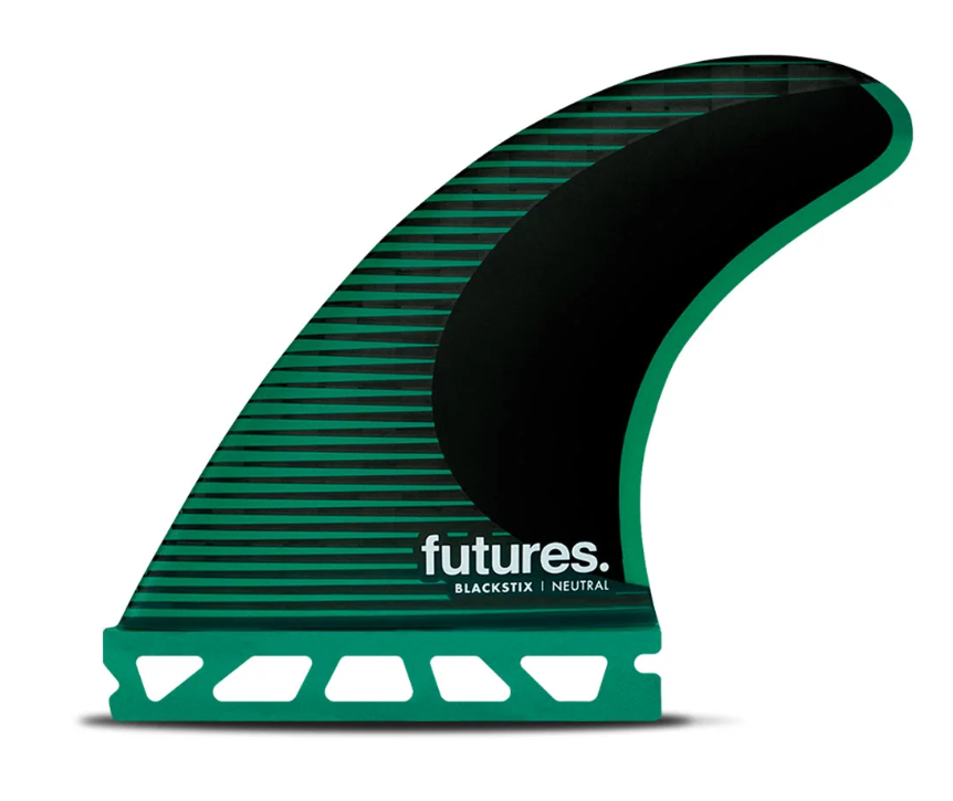 Futures Fins F6 Blackstix Thruster Surfboard Fins black with green showing left front fin from the outside
